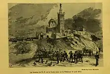 Gravure montrant une église sise sur une éminence ; sur ses flancs, des soldats manœuvrent des canons.