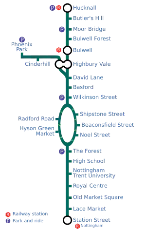 A map of the Nottingham tramway.