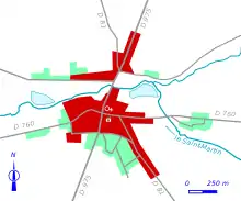 Carte en couleur représentant les étapes de développent du bâti d'un bourg.