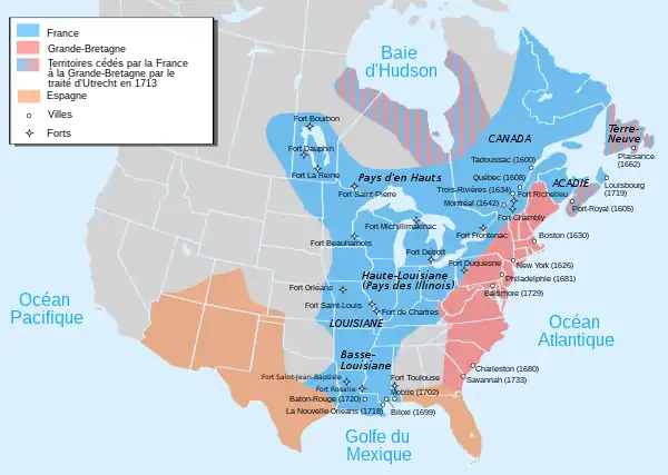 Noms des différents territoires, la zone en bleu représentent celle de la France.
