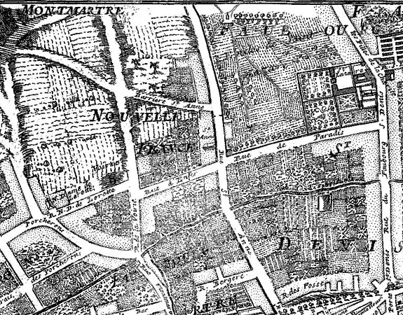 Carte du quartier en 1705 ; la rue Bleue (alors « rue d'Enfer ») est visible au centre de l'image.