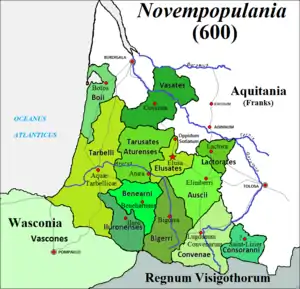 Carte indiquant en vert les limites de la Novempopulanie, la Gironde, Toulouse, les Pyrénées.