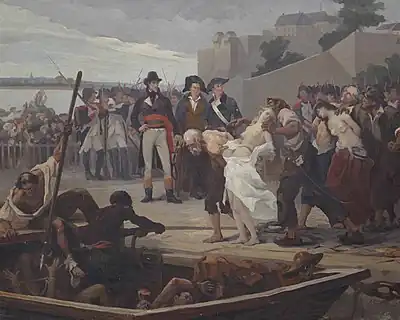 Des détenus liés deux par deux sont emmenés vers la Loire pour y être noyés sous le regard de Jean-Baptiste Carrier entouré d'officiels avec à l'arrière-plan des soldats