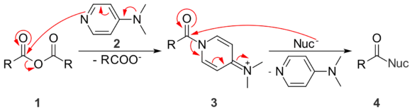 DMAP activant les anhydrides pour une substitution nucléophile en créant un meilleur nucléofuge.