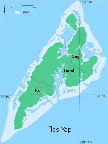 Carte en couleur figurant les îles Yap et avec des traits violets des limites