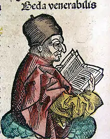 Portrait ancien de Bède le Vénérable en train de lire, titré « Beda venerabilis »
