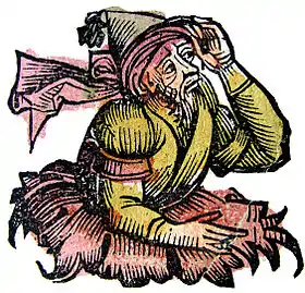 Merlin, tel que représenté dans l'édition originale des Chroniques de Nuremberg d'Hartmann Schedel, 1493.