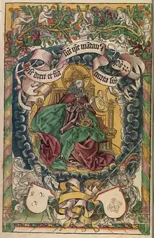 Au milieu d'un ensemble de verdure et de guirlandes, Dieu se tient sur son trône portant un globe dans une main et bénissant de l'autre.