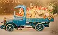 Le père Noël conduisant un camion bleu (avant 1946).