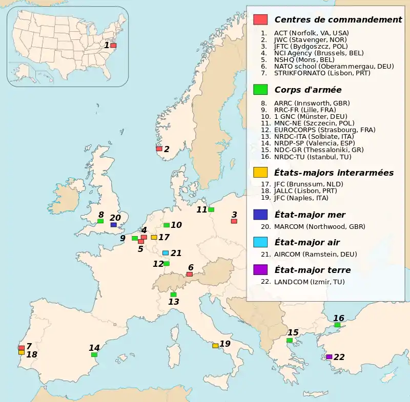 Carte des principaux quartiers-généraux de l'OTAN en 2015.