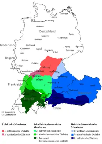Répartition des dialectes de l'allemand supérieur depuis 1945.