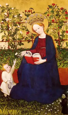 Maître du Jardin de Paradis de Francfort, La Madone aux fraisiers, vers 1420, 145,5 × 87 cm, Soleure, Kunstmuseum.