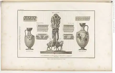 Gravure ancienne : divers objets : statue, vases, fragments de frise