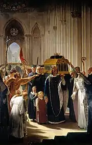 Tableau de style néo-classique représentant Philippe III marchant devant le cercueil de Louis IX dans la basilique Saint-Denis.