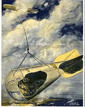 Scientific American du 23 décembre 1916 : une nacelle d'observation pendue à un zeppelin, pour voir sous les nuages. La navigation se fait encore à vue.