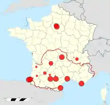 Présence des clubs de rugby dans le Top 14 et frontières de l'Occitanie.