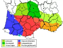 Carte représentant les différents dialectes de l'occitan dans le sud de la France. Elle montre notamment que le dialecte limousin correspond aux deux tiers nord du département de la Dordogne, le sud relevant du dialecte languedocien.