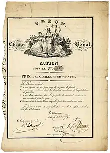 Action de l'Odéon Théâtre Royal, émise le 27 avril 1827, signée en original par le dramaturge Frédéric du Petit-Méré en tant que directeur (de février 1826 jusqu'à sa mort le 4 juillet 1827)