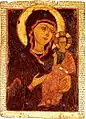 Les polés sont entièrement remplis de texte du XVe siècle. L'icône date du  XIIIe siècle. Icône de Marie (mère de Jésus) de type Odigitria. Galerie Tretiakov.