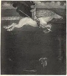 Un homme barbu et casqué, une lance à la main, chevauche librement un cheval blanc dont l’écume coule des lèvres, semblant voler au-dessus du sol.