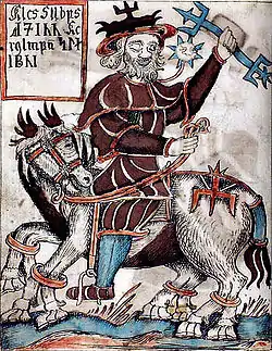 Une illustration d'Odin chevauchant Sleipnir, dans un manuscrit islandais du XVIIIe siècle de l'Edda en prose, source Danish Royal Library.