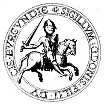 Dessin en noir et blanc représentant un sceau médiéval montrant un homme en armes brandissant épée et bouclier et montant un cheval au galop.