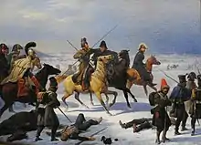 Tableau représentant des cavaliers et des soldats napoléoniens au cœur de l'hiver russe.