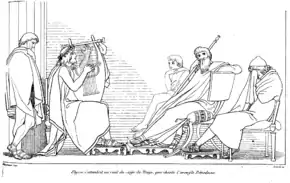 Dessin à la plume : à droite, un éphèbe et Demodocos accompagné de sa lyre ; à gauche, Ulysse assis, entouré de Télémaque adolescent et de Pénélope qui cache sa tristesse dans un pan de sa tunique