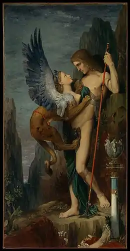 Tableau représentant Œdipe debout, nu et une lance à la main, dans un décor de montagnes noires. Le Sphinx est représenté par un fauve ailé à tête de femme, qui se tient sur son torse et le fixe. Aux pieds d'Œdipe, on aperçoit un cadavre.