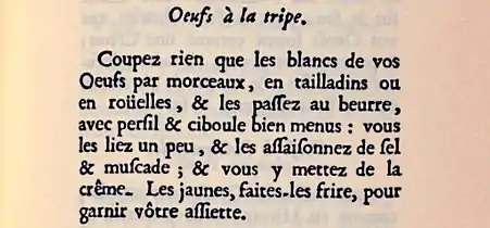 Œufs à la tripe dans Le Cuisinier Royal et Bourgeois de Francois Massialot (1693)