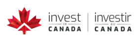Une feuille d'érable stylisée dans les tons rouges et les mots "invest in CANADA /investir au Canada" en noir.