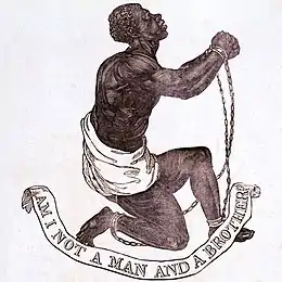 gravure de type eau-forte, représentant un homme noir à genoux, portant des chaînes, tendant les mains jointes en signe de supplication