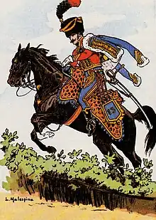 Un officier de cavalerie sur un cheval au galop.