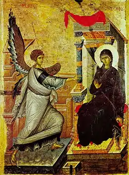 Icône. L'Ange, en plein mouvement, arrive à gauche vers Marie, assise sous un dais à droite.