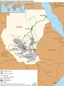 Carte des gisements pétroliers et des oléoducs du Soudan