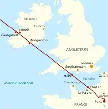 carte représentant la trajectoire probablement suivie par l'Oiseau blanc entre Paris et l'Irlande.