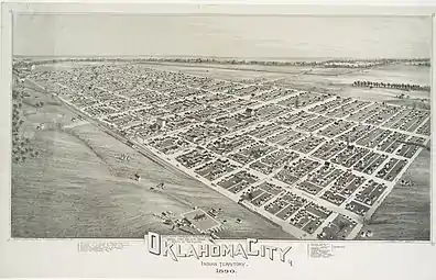 Plan d'Oklahoma City en 1890 : les rues forment un quadrillage parfait, basé sur le Public Land Survey System.