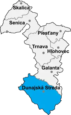 Locatisation du district de Dunajská Streda dans la région de Trnava (carte interactive)