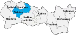 Localisation du distrct de Gelnica  dans la région de Košice (carte interactive)