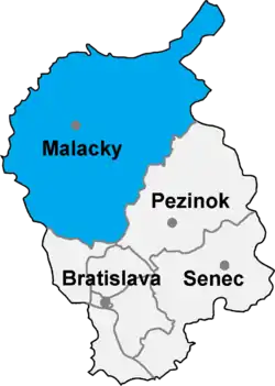 Localisation du district de Malacky  dans la région de Bratislava (carte interactive)