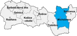 Localisation du distrct de Michalovce  dans la région de Košice (carte interactive)