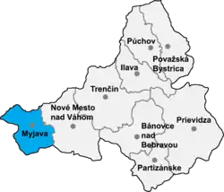 Localisation du district de Myjava  dans la région de Trenčín (carte interactive)