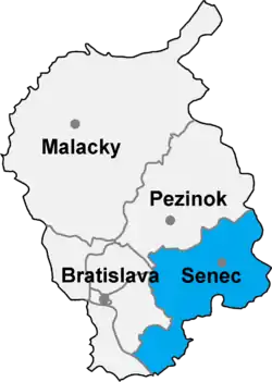 Localisation du district de Senec  dans la région de Bratislava (carte interactive)