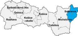 Localisation du distrct de Sobrance  dans la région de Košice (carte interactive)