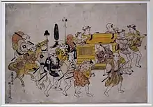 Dessin sur papier d'une procession d'hommes pieds nus autour d'un palanquin abritant un homme assis.