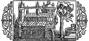 Gravure sur bois représentant le temple d'Uppsala tel que décrit par Adam de Brême et réalisé en 1555 par Olaus Magnus,  Historia de Gentibus Septentrionalibus.