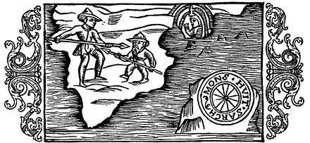 « Sur les nains du Groenland et l'île de Hvitsark  », illustration de Historia de Gentibus Septentrionalibus, 1555. L'île imaginaire est à droite, sous la représentation d'un compas.