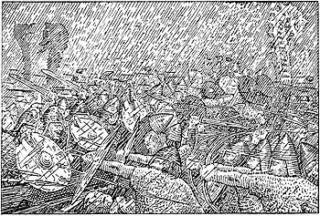 Les Jomsvikings combattant sous une pluie de pierre à la bataille du détroit de Hjörung.