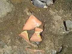 Restes de poterie pris dans le grès de plage en Petite-Terre.