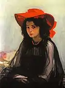 Jeune Fille en noir portant un chapeau rouge